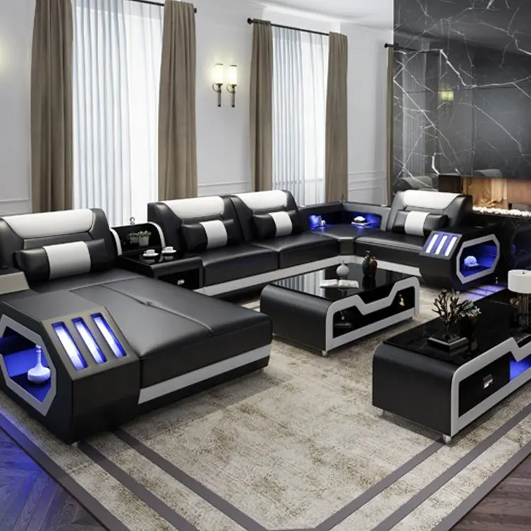 Sofá de piel auténtica de grano superior, lámparas LED de estilo súper moderno, conjunto de sofá seccional en forma de l, reclinable, para sala de estar