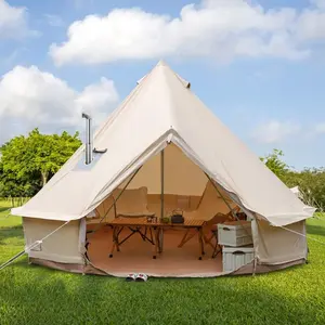 Tenda Mewah Kustom Tenda Katun Tahan Air Kanvas Kemah Keluarga Besar Warna Krem Tenda Bel Kubah untuk Berkemah