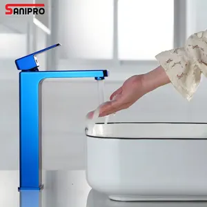 SANIPRO iyi tasarım kare krom gövde pirinç tek kolu lavabo evye su musluğu mavi banyo lavabo mikser musluklar