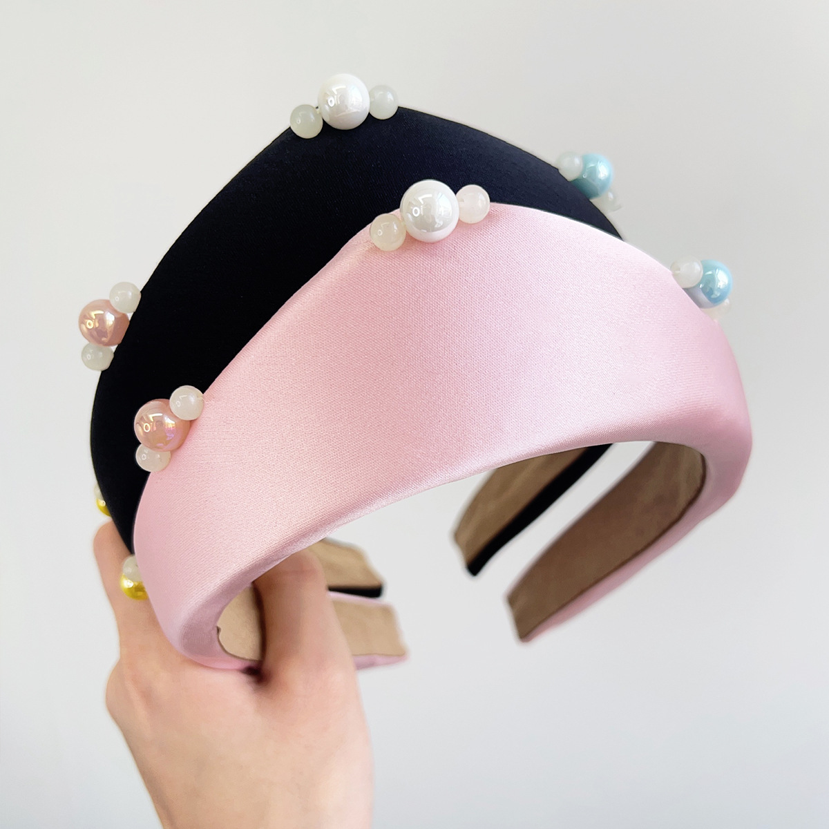 SATIN or Silk BEADED HAIR BAND Tara Crown Shape Headband - Pearl Beaded Padded Satin Silk main image 4