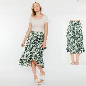 Été Vert Poly Cooler Tissu midi longueur fleurs imprimé jupe à volants femmes