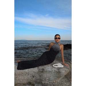 ชุดราตรีสีดำหรูหราทรงบอลกาวน์ ประดับมุก ตกแต่งด้วยเทคนิคโครเชต์ ผ้าระบายเป็นชั้นๆ ประดับด้วยคริสตัลและเลื่อม ไซส์ XS สำหรับงานปาร์ตี้ - Product Image 5