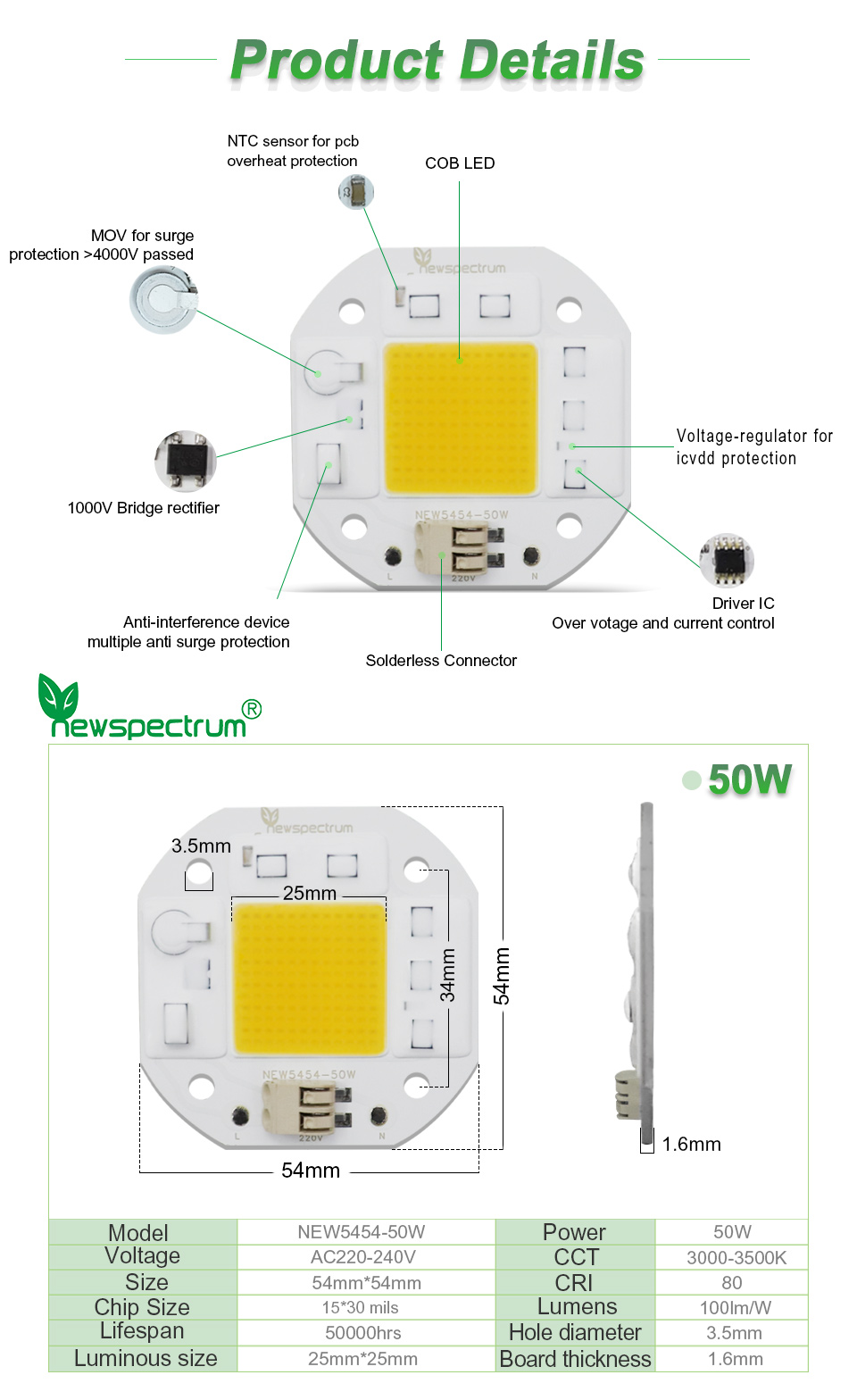 3000k COB Module Led 30W 220V Downlight Spotlight For Grow Light