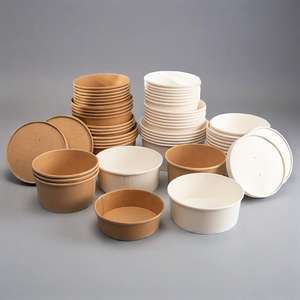 Vente en gros de contenants d'emballage pour salades et plats à emporter en papier kraft blanc avec logo personnalisé imprimé, jetables, avec couvercles - Product Image 4