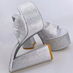Silver Rhinestone Open Toe Block High Heel <b>Shoes</b> Slip-on Sandals Summer Thick Platform Heeled Slipper for Lady Size 43 - Product Image 6