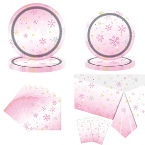 Ensemble de vaisselle de fête flocon de neige rose 40-60 pièces Décorations de Noël et du Nouvel An Respectueuses de l'environnement Assiettes rondes Tasses Serviettes - Product Image 2