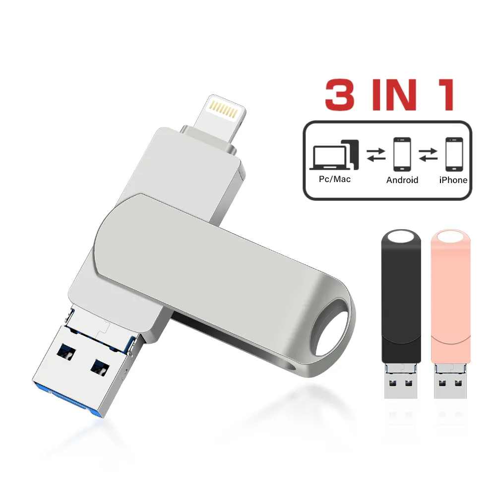 Otg başparmak sürücüler usb 3.0 flash sürücü Pendrive 128GB u Disk iPhone PC için 256GB 3 in 1 bellek sopa cle usb flashdrive