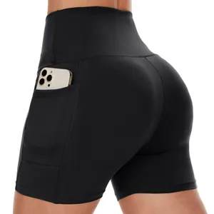 Pantaloncini da motociclista a vita alta personalizzati 4 "con tasca per la corsa in bicicletta pantaloncini da Yoga Super morbidi per le donne