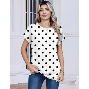 FOXA T-shirt en jersey pour femme à manches courtes, imprimé à pois, col rond, décontracté, respirant, 100% coton, S-2XL - Product Image 4