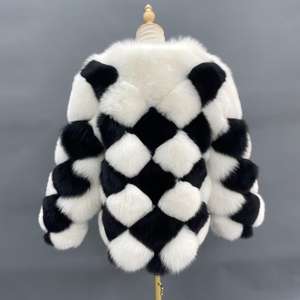 Blouson aviateur en vraie fourrure de renard, motif quadrillé noir et blanc, grande taille, pour femmes - Product Image 5