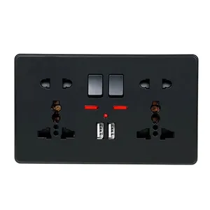 Presa di corrente a muro doppia presa universale a 5 fori commutata con indicatore LED a doppia porta di ricarica USB Neon 2.1A nero