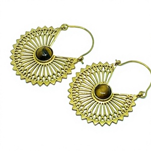 Pendientes de Aro Tribales de Latón Elegante de Alta Calidad con Ojo de Tigre Natural, Estilo Bohemia, con Piedras, para Mujer, Aniversario, en Oferta - Product Image 3