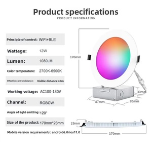 US Standard Modern Electric WiFi Blue-tooth Dual-Mode <b>Smart</b> Panel <b>Light</b> 9W 12W Five-Way Full-Color White Embedded LED Downlight - Product Image 6