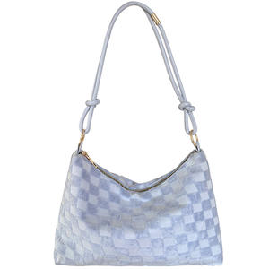 Bolso de hombro de lona con rejilla para mujer, color azul, blanco, rosa, cierre con cremallera, bolso de gran capacidad, estilo verano 2022 - Product Image 5