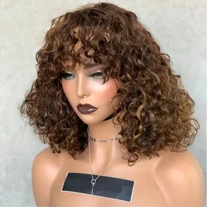 Pixie Cut Curly Short Bob Human Hair Wigs with Bang, 12A Grade Super Double Drawn Raw Cambodian Hair Wig