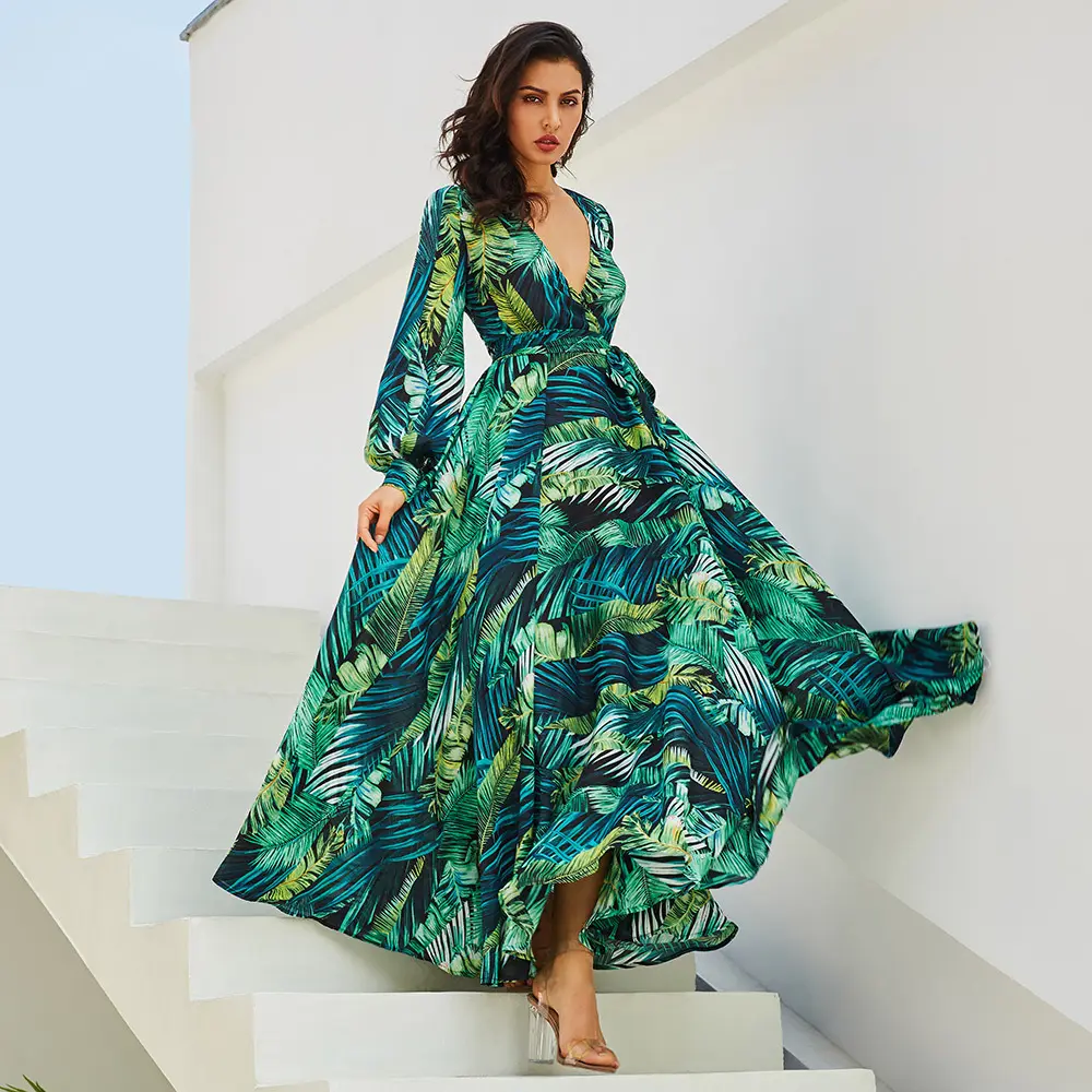 2024 Groene Bladprint Sexy V-Hals Casual Maxi Jurk Vakantie Vakantie Vakantie Losse Jurken Vrouwen Dame Elegante Plus Size Dameskleding