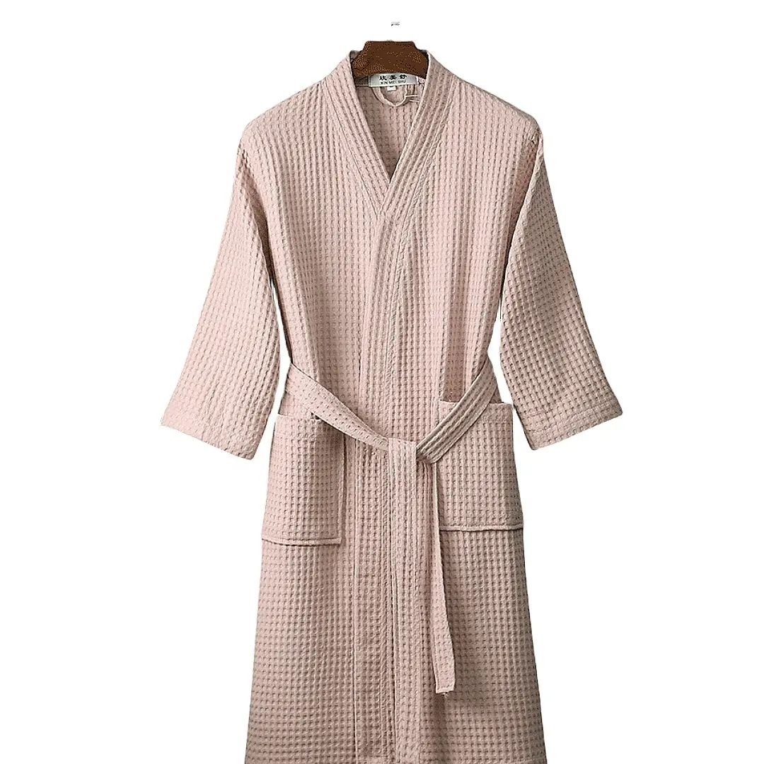 Cotton Kimono Robes with Pocket Yarn Dyed Waffle Solid Color-B Yukata Kimono Pajamas Spa Bathrobe