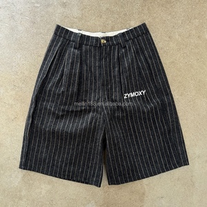 Custom Wholesale Loose Pleated Striped Pinstripe Raw Denim Jeans <b>Shorts</b> Men Wide Leg Japanese Salvage <b>Trouser</b> Men Jeans <b>Shorts</b> - Product Image 1