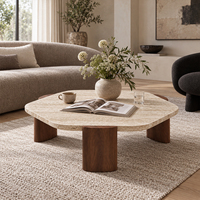 Table basse carrée arrondie avec plateau en pierre et pieds en bois pour salon, appartement, hôtel, décoration intérieure