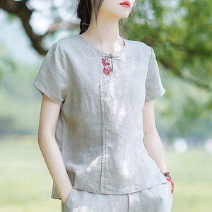 Women's Short Sleeve Cotton Linen Chinese Style Blouse Summer Casual Top White Linen Color Loose Fit Everyday Wear - Product Image 1