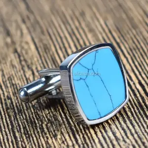 Gemelos personalizados de joyería Gentdes Chapado en plata Titanio Acero Turquesa y incrustaciones de madera Fabricación de joyas Gemelos de lujo para hombres - Product Image 3