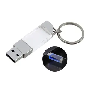 High Quality Crystal USB Flash Drive with LED Light Promotional Customized Logo Key Chain USB Memory Flash Drive Gift Pendrive