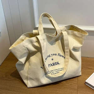 Nouveauté Grand sac fourre-tout en toile de coton beige Logo personnalisé imprimé Sac à bandoulière réutilisable pour le shopping et la promotion - Product Image 2