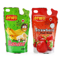 Pochette d'emballage alimentaire irrégulière pour jus de fruits, imprimée sur mesure, brillante, avec encoche de déchirement facile et trou de suspension, qualité alimentaire