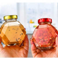 Botol Madu Kaca Berkualitas Tinggi 200ml 500ml 1000ml Bentuk Sarang Lebah Heksagonal, Wadah Penyimpanan Makanan, Botol Selai Madu dengan Tutup Sekrup