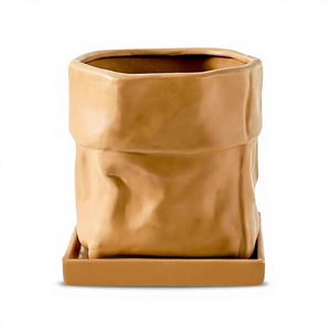 Vaso in Ceramica da 6 Pollici con Foro di Drenaggio e Sottovaso Quadrato per Piante, Design a Forma di Borsa, Vaso per Fiori, Decorazione da Giardino - Terracotta - Product Image 1