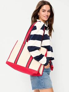 Wholesale Large Capacity <b>Beach</b> Bag Reusable Shopping Bag Striped Trim <b>Canvas</b> Tote Bag for Women - Product Image 2