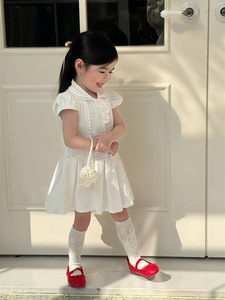 Nouvelle collection été 2026 : Robes pour filles style coréen, broderie ajourée, style preppy, manches bouffantes en dentelle, mélange de coton - Product Image 1