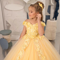 Robe de bal de princesse transfrontalière pour enfants, jaune à dentelle florale, col épaules dénudées, pour anniversaire, scène, présentatrice, défilé