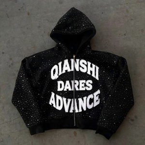 เสื้อฮู้ดดี้ทรงโอเวอร์ไซส์แบบครอป ซิปหน้า ตกแต่งด้วยงานปักลายเพชรและงานปะติด คุณภาพสูง ผลิตจากผ้าฝ้าย 100% - Product Image 1