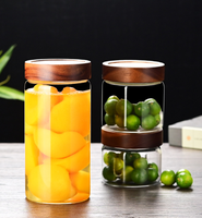 Pot de conservation rond en verre borosilicate transparent de qualité alimentaire, fait à la main, avec couvercle à vis en bois pour la cuisine