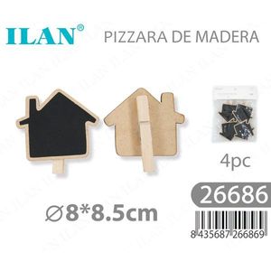 Set di 4 lavagnette in legno a forma di casa Ilan 8x8,5 cm con clip per appunti e decorazioni - Product Image 1