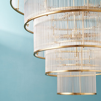 Lustre suspendu moderne à cinq anneaux avec tiges en verre et laiton, luminaire de plafond décoratif personnalisé pour hôtel et salon