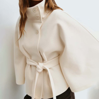 Manteau Cape Automne Hiver Femme Col Montant Boutonné Ceinturé Court Style Poncho Élégant Veste de Bureau pour Femme