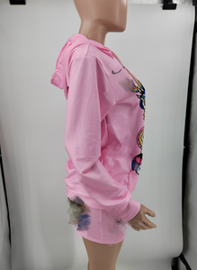 可爱春季两件套女式印花卫衣拉链连帽衫短款上衣和抽绳半身裙两件套半身裙套装 - Product Image 4