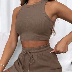Solide femmes décontracté court 2 pièces ensemble transfrontalier été sans manches gaufres costume couleur unie gilet Skinny Fit tricot tissu - Product Image 3