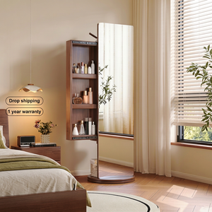 Miroir sur pied minimaliste moderne avec cadre en bois fait main et étagères de rangement réglables pour usage domestique - Product Image 1