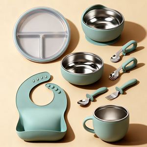 Conjunto de Alimentação para Bebês em Silicone e Aço Inoxidável, Livre de BPA, com Babador, Colher, Garfo, Tigela e Prato, Isolado com Parede Dupla - Product Image 3