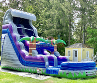 Structure gonflable commerciale pour jardin, avec toboggan aquatique tropical en marbre, château sauteur et piscine intégrée