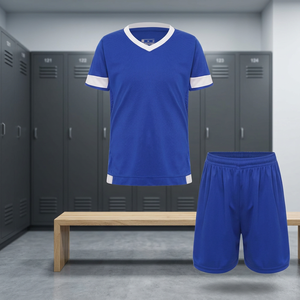 Conjunto de Camiseta de Fútbol con Cuello en V Azul para Niños, Manga Corta, Pantalones Cortos con Cintura Elástica que Absorben la Humedad, Color Sólido, Poliéster, para Todas las Temporadas - Product Image 3