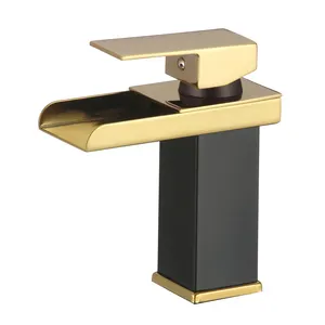 Tidjune Black & Gold Bathroom Faucet for Sink Single Handle Basin Lavatory Vanity Mixer Tap Waterfall Bathroom Faucet