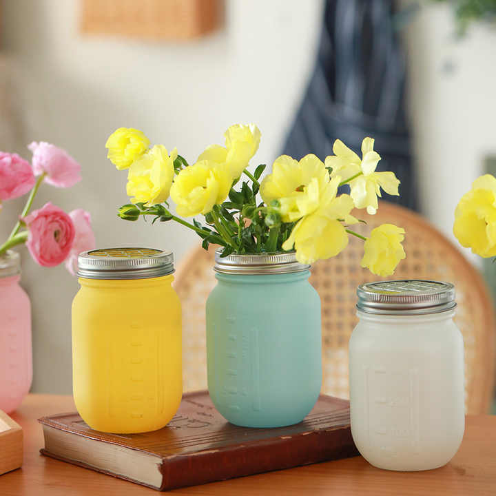 Decoration painted 500ml glass mason jar vase green pink mason jar vase