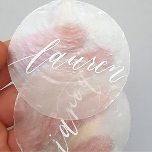 LANJO Engraved Capiz Shell <b>Place</b> <b>cards</b> <b>Wedding</b> Table Decor Personalized Custom <b>Name</b> Acrylic Shell Shape Guest Seating Shells - Product Image 4