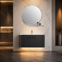 Meuble-lavabo flottant moderne noir cannelé et courbé avec miroir rond, armoire de salle de bain en contreplaqué étanche pour villa et appartement