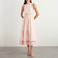 Gaun Midi Elegan Warna Pink dengan Renda, Potongan Pinggang, Bordir Bunga, Model A-Line untuk Wanita, Cocok untuk Pesta Koktail, Pernikahan, dan Acara Lainnya