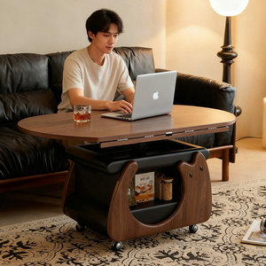 Tavolino da Caffè Circolare Moderno e Minimalista con Cassetti in <span class=keywords><strong>Legno</strong></span> di Noce, Tavolino Mobile con Spazio di Archiviazione per Soggiorno - Product Image 2